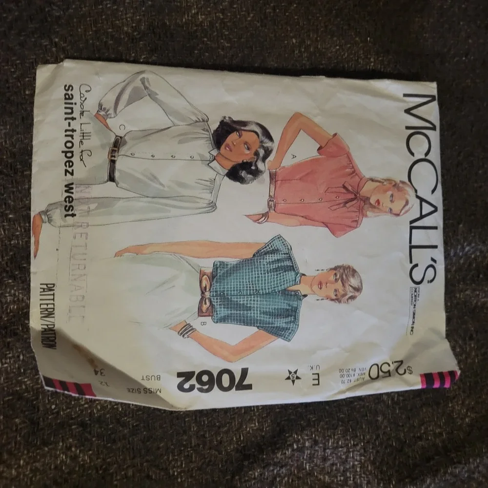 McCall's 7062 Blouse Pattern Misses Size 12 Multi Color Good Vintage 80s Carole